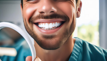 A skilled dentist beams with a bright smile, holding a dental mirror and spreading positivity.の素材