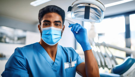 Dental professional in blue uniform ready to assist patients in a contemporary dental clinic.の素材