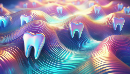 Stylized dental elements swirl in vibrant colors, celebrating oral health and creativity.の素材