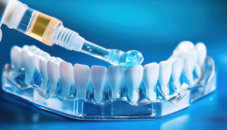 A clear droplet hovers above pristine dental models, highlighting advanced procedures.の素材