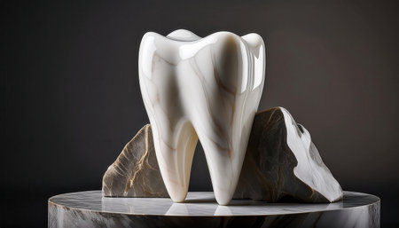 A unique sculpture of a tooth sits elegantly on a marble base, showcasing dental artistry.の素材