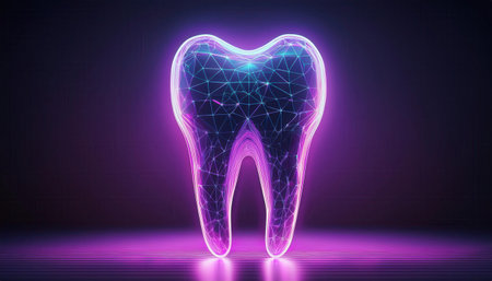 Digital art of a glowing tooth representing the future of dentistry and health innovations.の素材