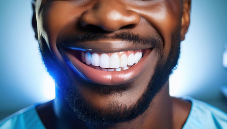 A cheerful patient reveals a radiant smile after receiving dental treatment in a clinic.の素材