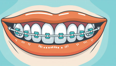 Colorful illustration showcases a mouth with braces, representing dental care and orthodontics.の素材