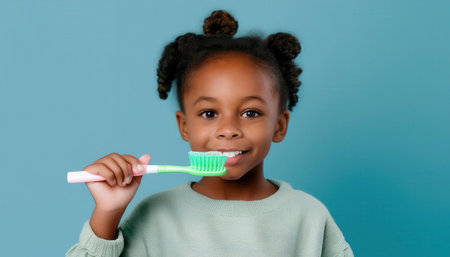 Child with curly hair happily brushes teeth, promoting good dental hygiene habits for kids.の素材