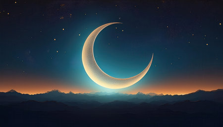 A beautiful crescent moon shines bright against a twilight backdrop, marking the spirit of Ramadan.の素材