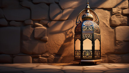 An ornate lantern casts a warm glow on stone walls, celebrating the spirit of Ramadan.の素材