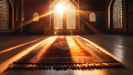 Soft light fills a serene prayer space with intricate windows, inviting reflection and peace.の素材