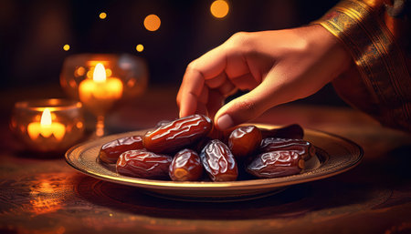 Hand reaches for dates on a decorative plate, illuminated by warm candlelight during Ramadan.の素材