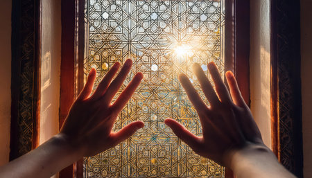 Hands on a patterned window, catching the warm light of Ramadan celebrations.の素材