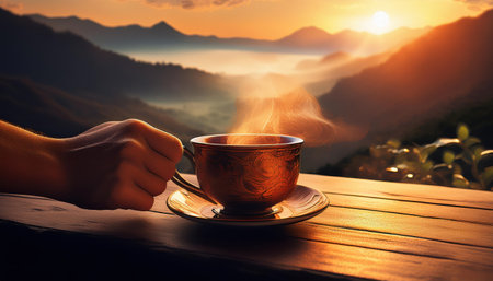 A hand cradles a steaming cup, savoring Ramadan at sunset over the mountains.の素材