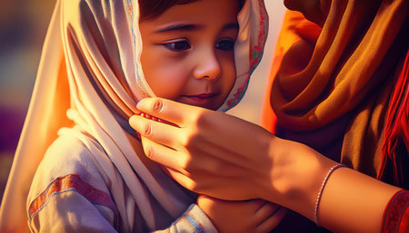 A parent lovingly adjusts a childs hijab during heartfelt Ramadan celebrations.の素材