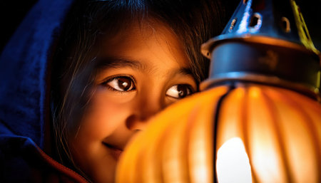 A child gazes at a glowing lantern, capturing the warmth of Iftar during Ramadan.の素材