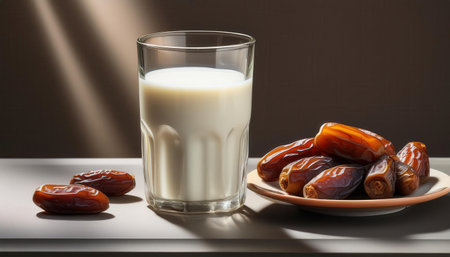 Celebrating the spirit of Ramadan with milk and sweet dates at sunset, a cherished tradition.の素材