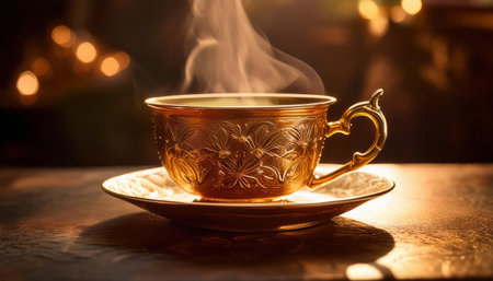 A steaming cup of tea rests elegantly on a fine plate as people gather for iftar.の素材