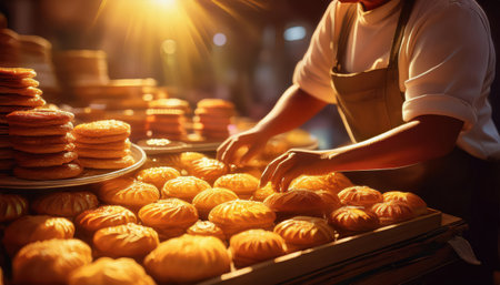 Vibrant colors fill the atmosphere as sweet pastries are arranged for Iftar at sunset.の素材