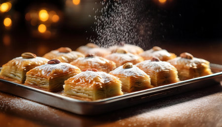 Baklava is being prepared with powdered sugar, creating a sweet treat for iftar celebrations.の素材
