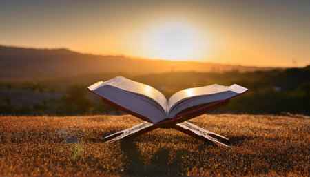 An open book rests on a stand, illuminated by the warm light of sunset, symbolizing spirituality.の素材