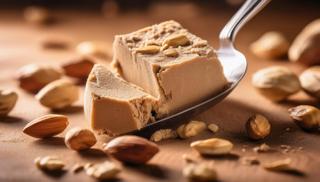 Rich halva served on a spoon alongside delicious nuts for iftar in Ramadan.の素材