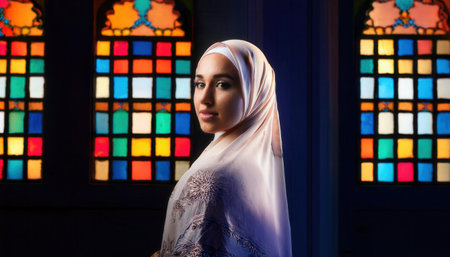 A young woman in a hijab stands by colorful stained glass, embracing Ramadans spirit.の素材
