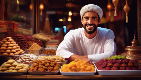 Delightful array of traditional sweets showcased by a cheerful vendor at Iftar time.の素材