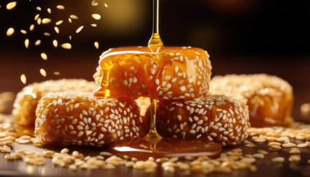 Golden syrup drizzles over sesame-coated sweets, enjoyed at iftar during Ramadan celebrations.の素材