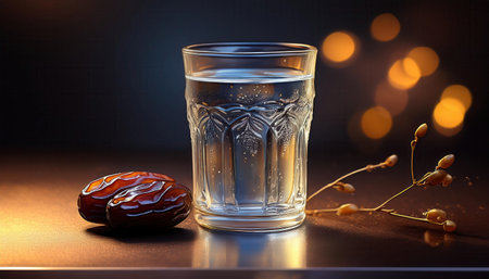 Dates and a glass of water symbolize the elegant end of a daily Ramadan fast.の素材