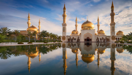 Golden domes of a mosque reflect in calm water at sunset during Ramadan celebrations.の素材