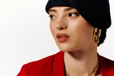 Clad in a striking red blazer and a fashionable hat, a young woman exudes confidence and elegance.