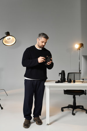 A man focuses on adjusting his camera equipment in a stylish studio filled with lighting.
