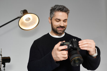 A man with a beard is focused on adjusting his camera while in a well lit studio.のeditorial素材
