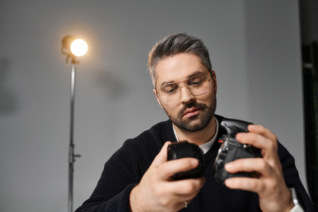 A man inspects his camera gear in a bright studio, highlighting his dedication.のeditorial素材
