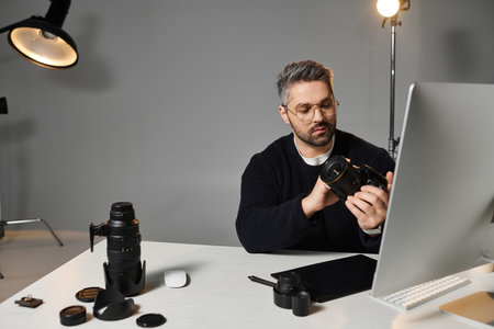 A skilled professional adjusts his camera gear in a contemporary workspace filled with equipment.のeditorial素材