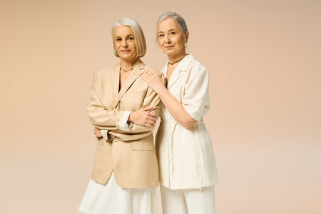 Two fashionable women share a loving moment, radiating joy and confidence in their stylish outfits.のeditorial素材