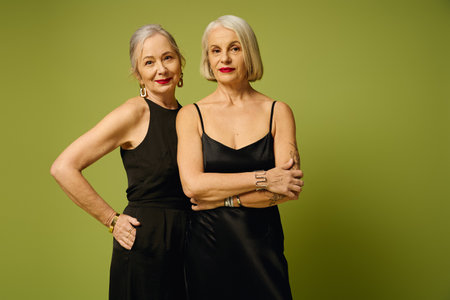 Two stylish women radiate confidence and joy against a vibrant green backdrop.
