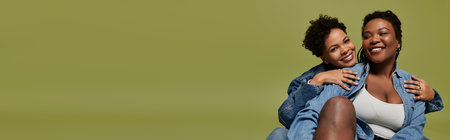 Two fashionable women embrace joyfully, radiating love and confidence in their trendy attire.の写真素材