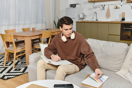 A young man enjoys a peaceful afternoon at home, engaged in reading and creativity.の写真素材
