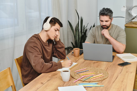 Two brothers engage in a productive study session at home, surrounded by a cozy atmosphere.