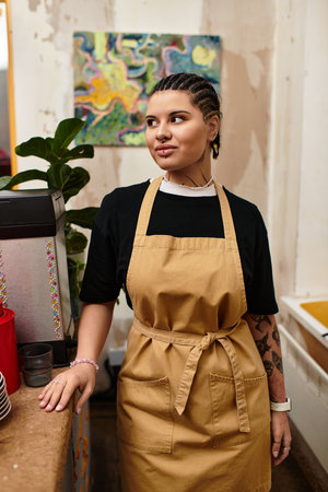 A young woman in a tan apron stands confidently at a cafe, emanating warmth and charm.のeditorial素材