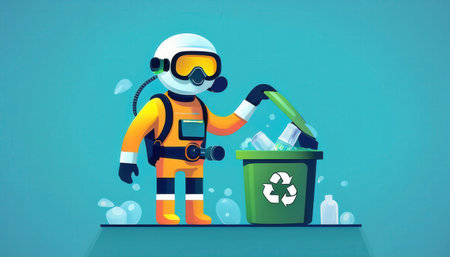 A diver engages in waste sorting with a recycling bin, promoting environmental awareness and action.の素材
