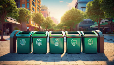 Colorful waste bins showcase the importance of sorting for a cleaner planet on Earth Day.の素材