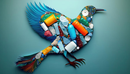 A colorful bird illustration formed from various recycled items promotes environmental awareness.の素材