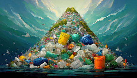 A vivid illustration depicts a waste mountain amid greenery, stressing recycling's importance.の素材
