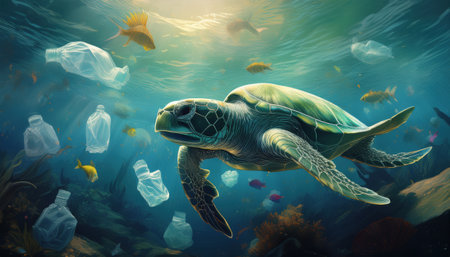 Turtle swims gracefully through ocean debris, emphasizing the need for waste sorting and protection.の素材
