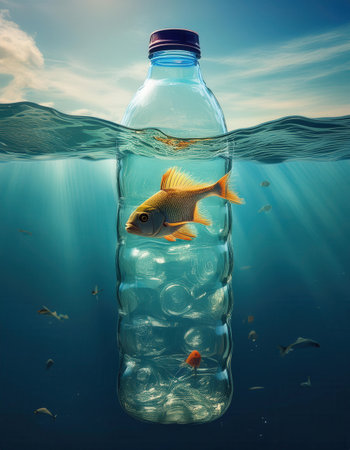 Underwater scene depicting plastic pollution affecting marine life, highlighting Earth Day urgency.の素材