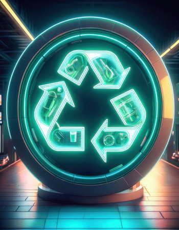 Bright neon recycling symbol promotes environmental awareness and waste sorting efforts.の素材