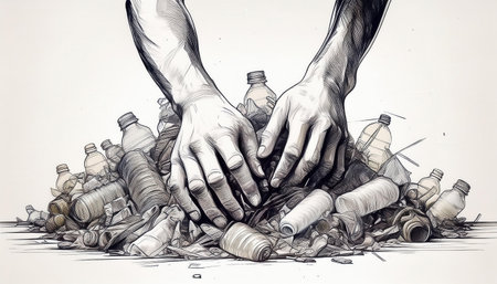 Individual sorting through a pile of plastic waste, promoting environmental awareness and care.の素材