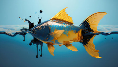 Colorful fish glides through murky water, symbolizing the struggle against pollution and waste.の素材