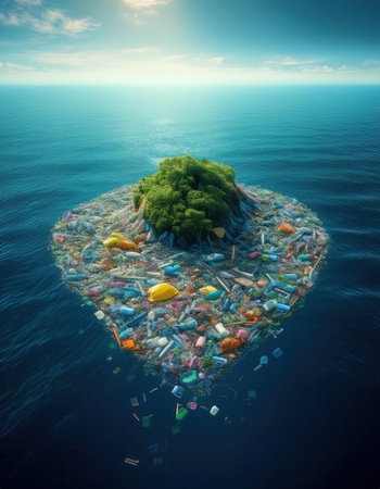 A creative island made of waste emphasizes the urgent need for Earth Day awareness.の素材