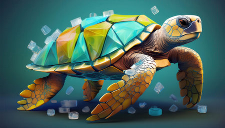 A colorful turtle navigates through discarded plastic, emphasizing the need for environmental care.の素材